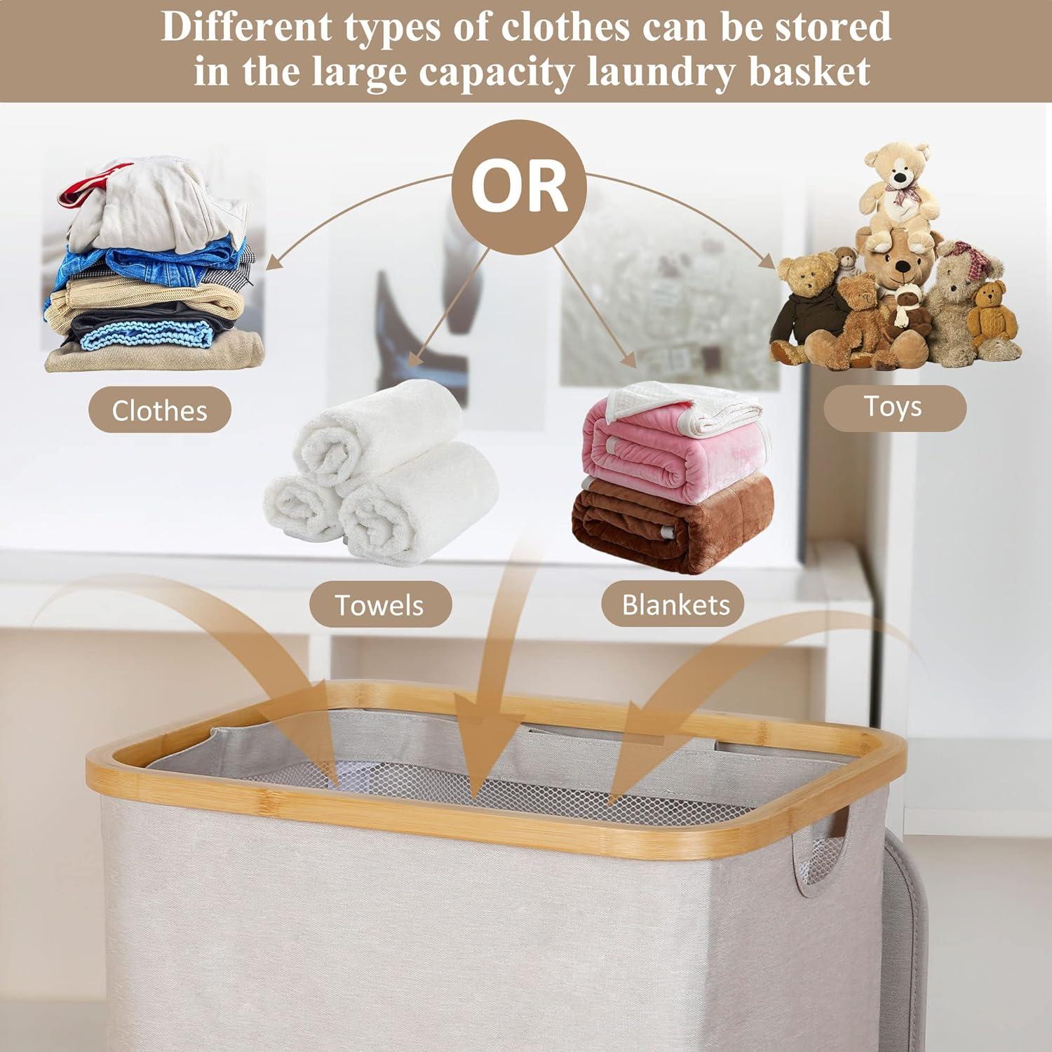 XL Wäschekorb mit Deckel und Innentasche, 110L - Hellgrau