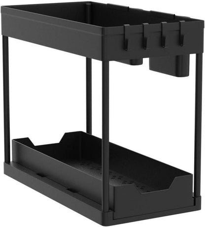 AIXPI Küchen Organizer 2 Etagen Unter Waschbecken Regal Haken Tasse Gewürzregal Spülschrank Badezimmer Küche Schwarz - 1 Set