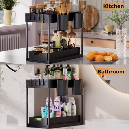 AIXPI 2 Etagen Unter Waschbecken Regal mit Haken Tasse Spülschrank Organizer