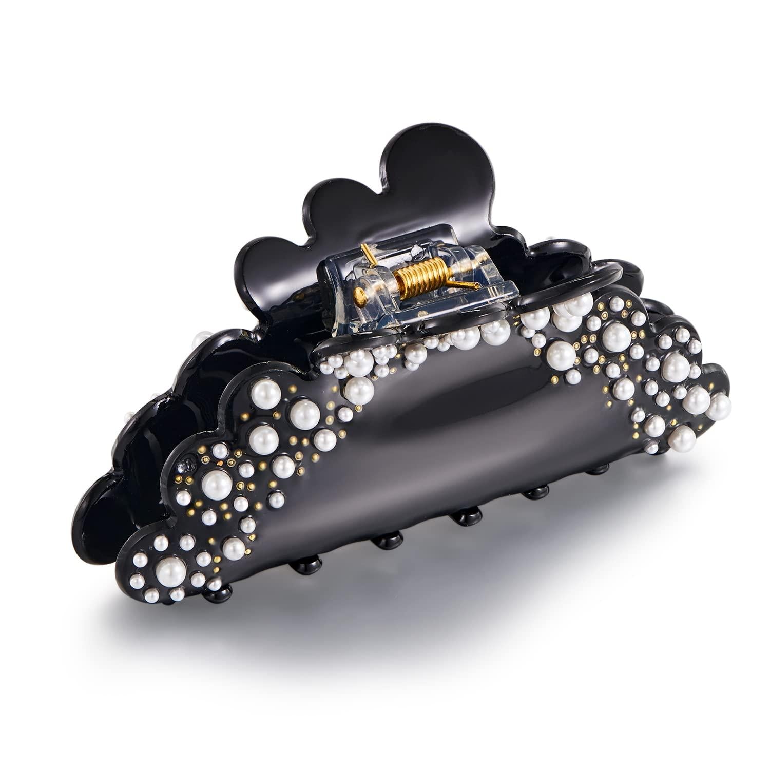 Perlenverzierte Schwarze Acryl-Haarklammer für Damen - Elegant