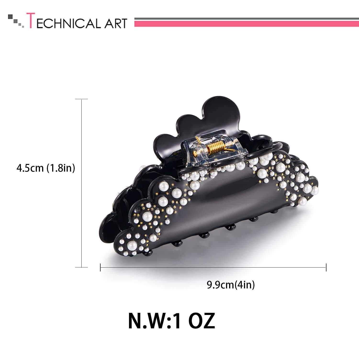 Große Acryl-Haarklammer Schwarz mit Perlenverzierung