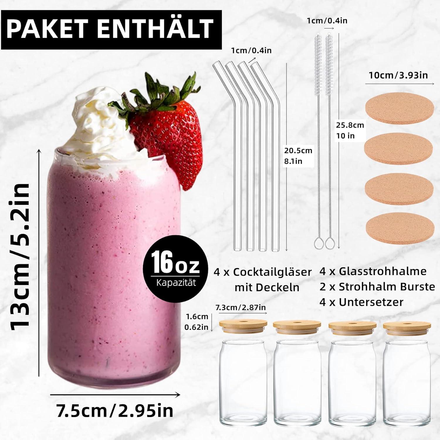 Cocktail Gläser Set 4 Strohhalm Reinigungsbürsten Trinkglas 16oz