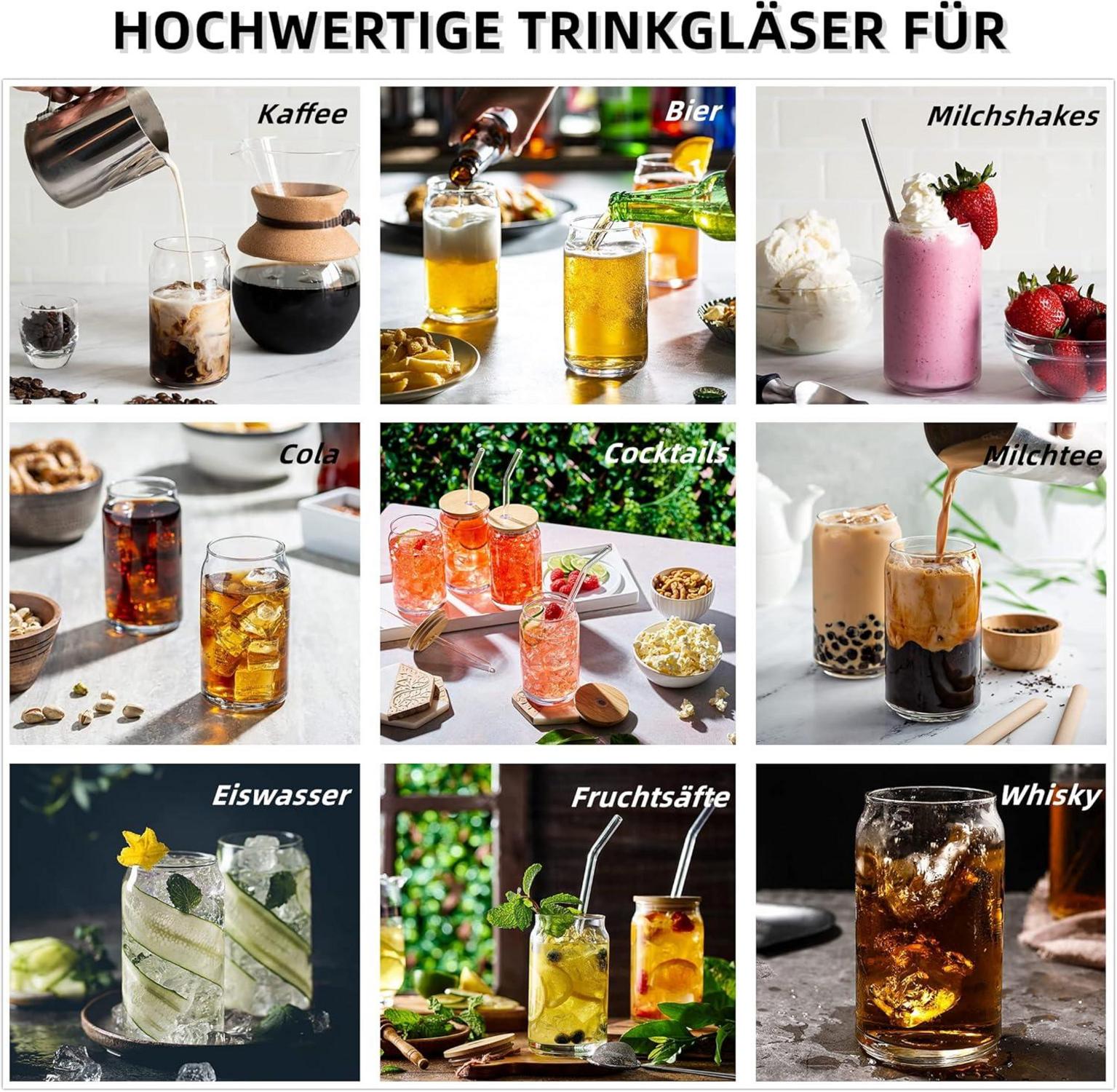 BIKALAN Cocktail Gläser Set mit Strohhalm und Reinigungsbürsten, 16oz, 4er Pack