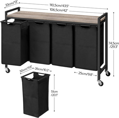 Wäschekorb mit Ablage und Rollen, 4x39,8 L, abnehmbarer Wäschesack