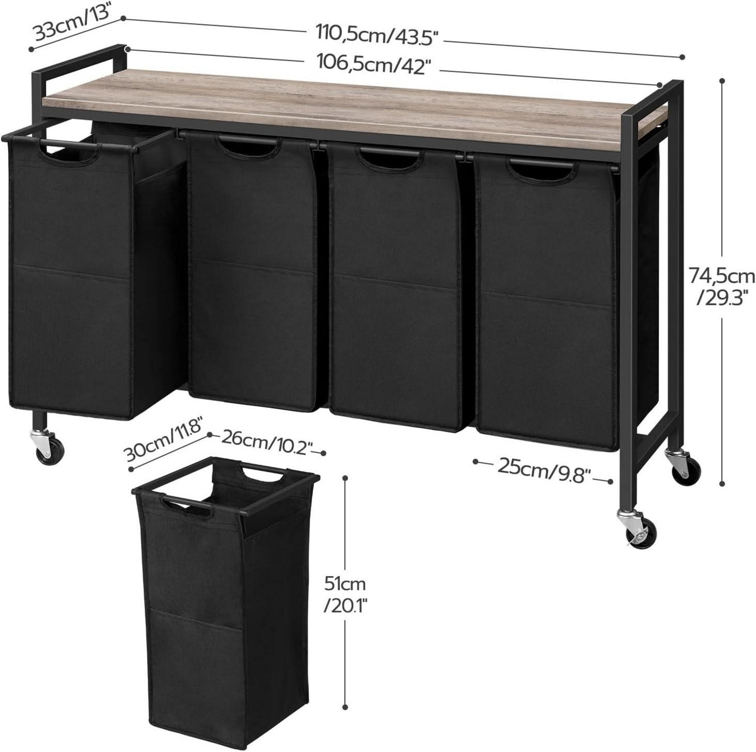 Wäschekorb mit Ablage und Rollen, 4x39,8 L, abnehmbarer Wäschesack