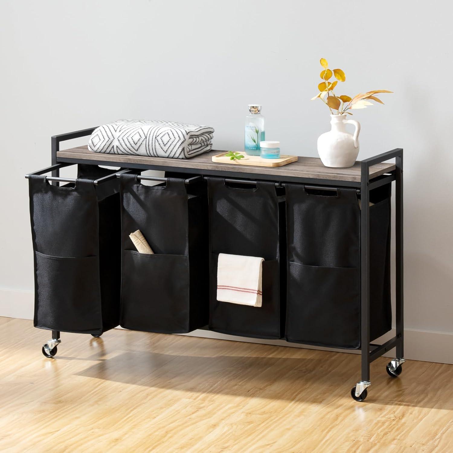 Wäschekorb mit Ablage und Rollen 4x39,8L Oxford-Gewebe Greige Schwarz