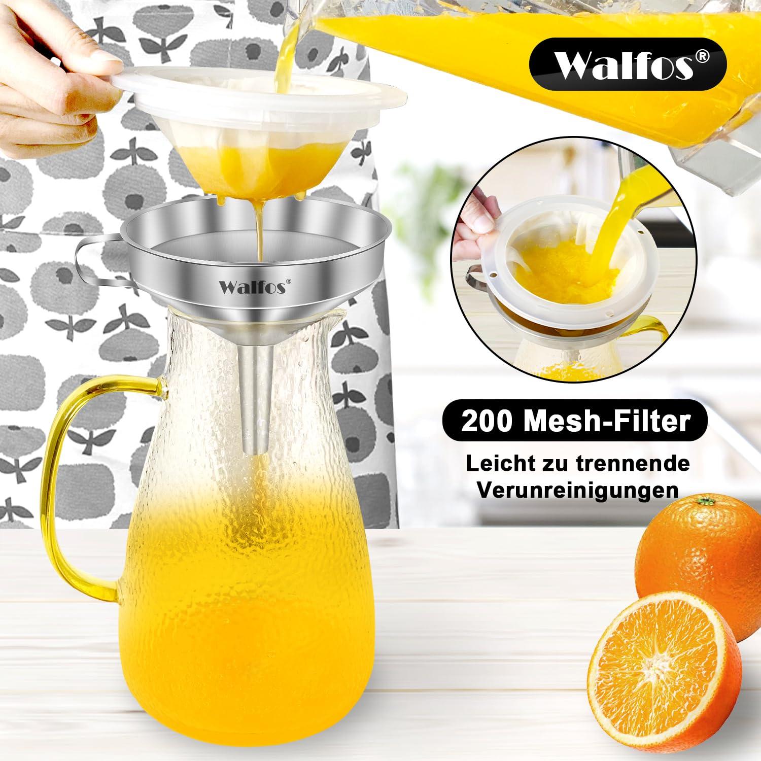 Walfos Edelstahl Trichter Set mit 200 Mesh Filter, 2 abnehmbaren Sieben & Reinigungsbürste