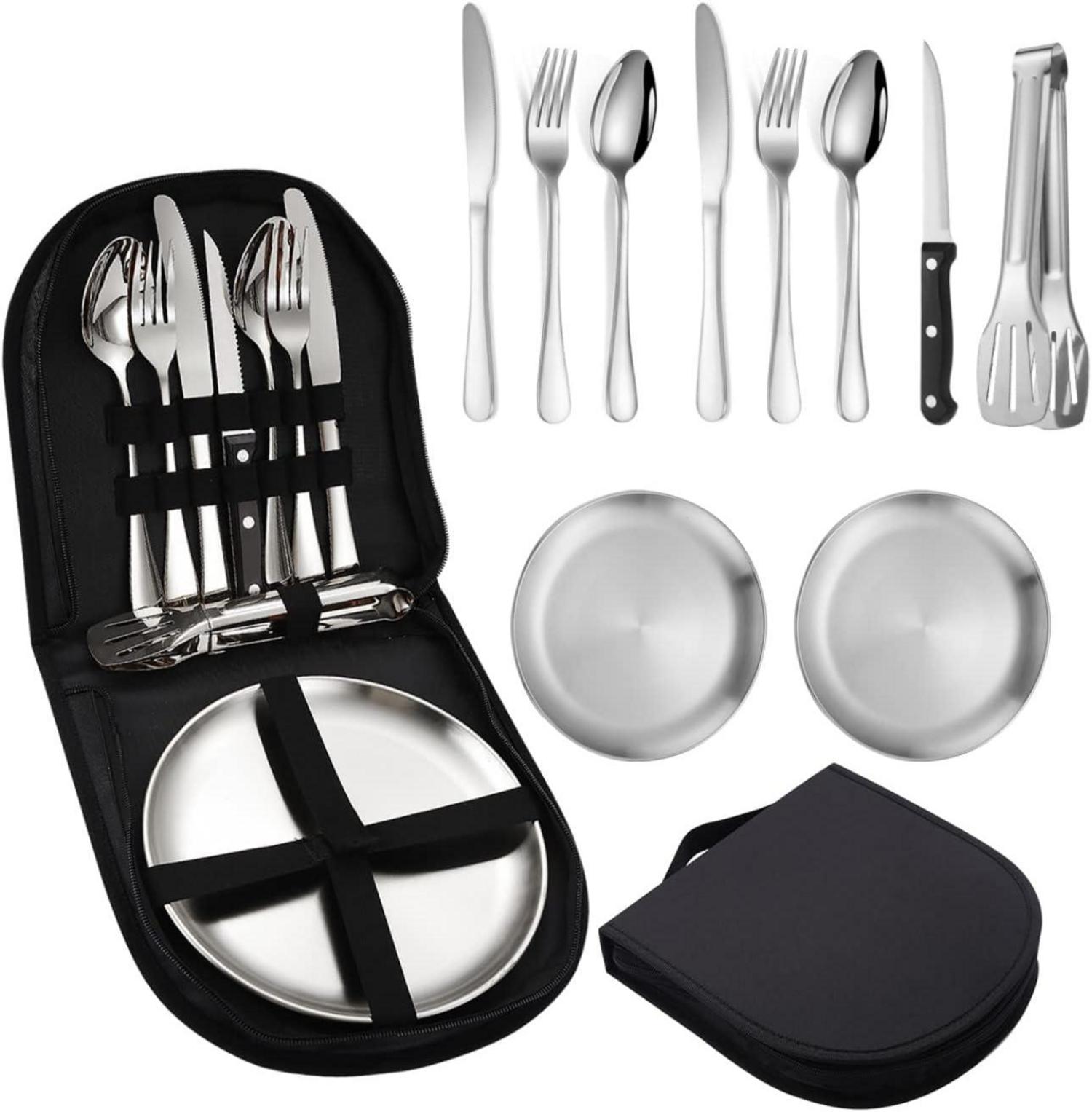 Camping Besteck Set Edelstahl Löffel Gabel Messer Teller Clip