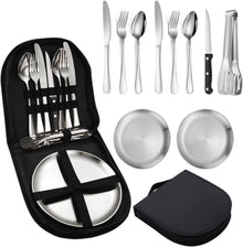 Camping Besteck Set Edelstahl Löffel Gabel Messer Teller Clip