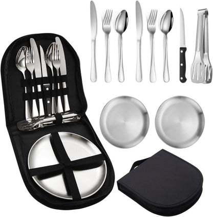 Camping Besteck Set Edelstahl Löffel Gabel Messer Teller Clip