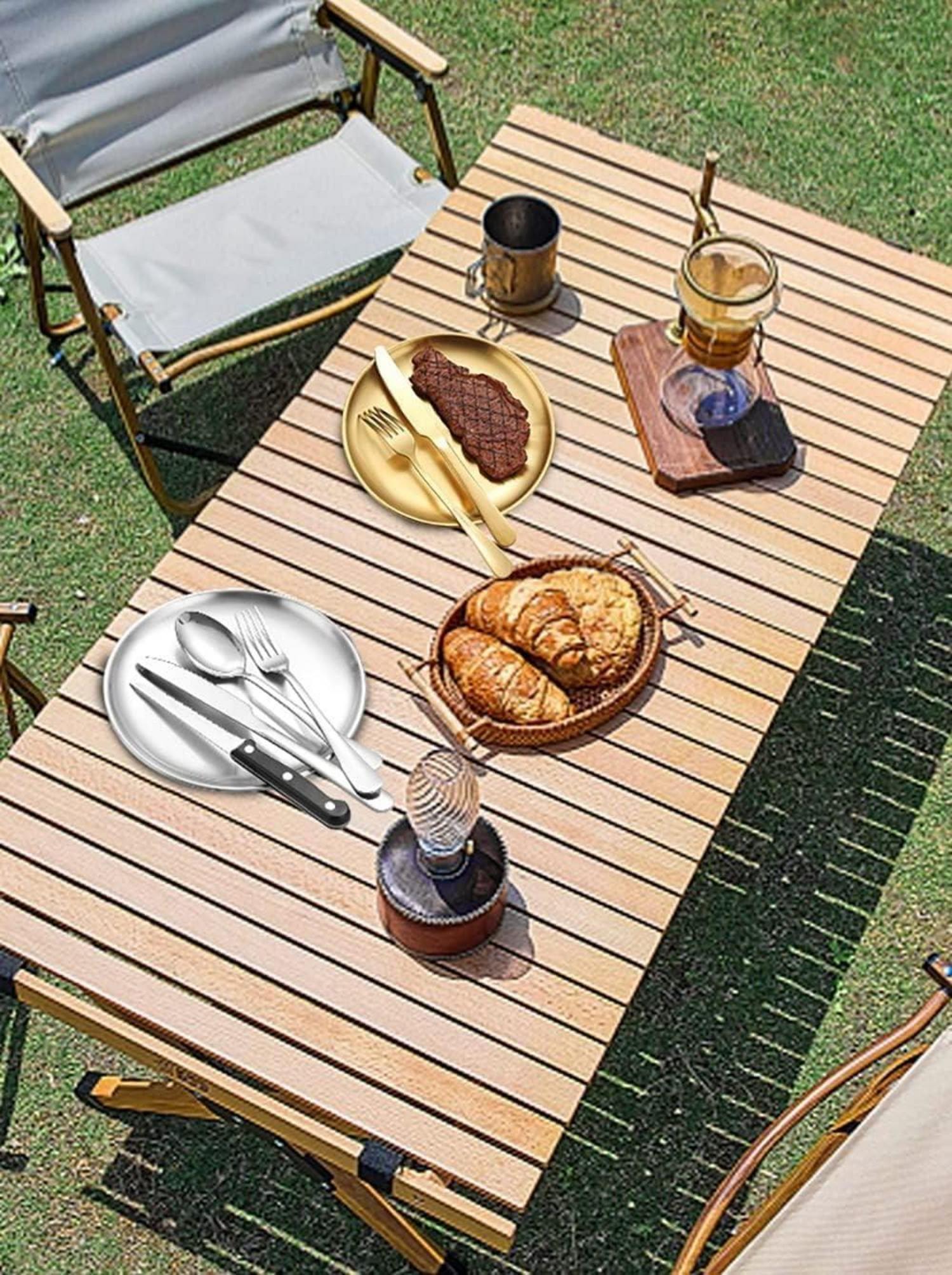 Camping Besteck Set Edelstahl Picknick Geschirr Löffel Gabel Messer Teller