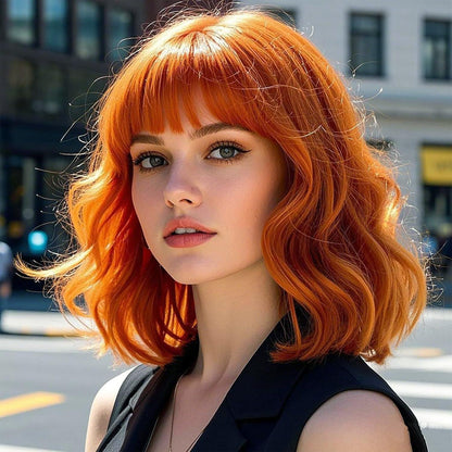 Orange Bob Perücke mit Pony – Gewelltes, Lockiges Haar