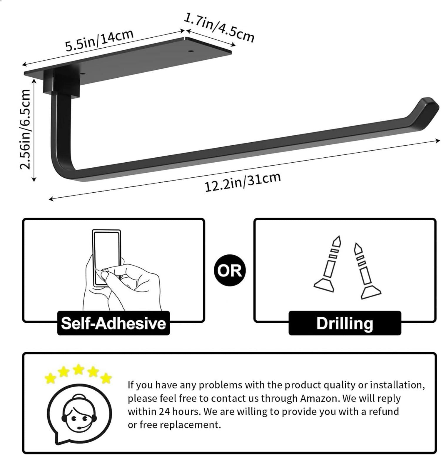 Küchenrollenhalter mattschwarz verbessert Aluminium selbstklebend oder bohren