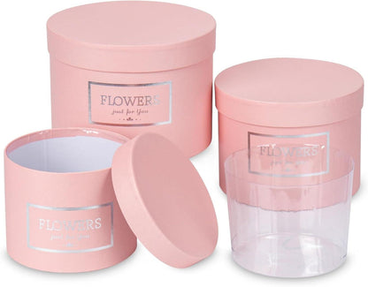 3er Set Runde Blumen-Geschenkboxen mit Deckel und Folie Ø15/17/20cm