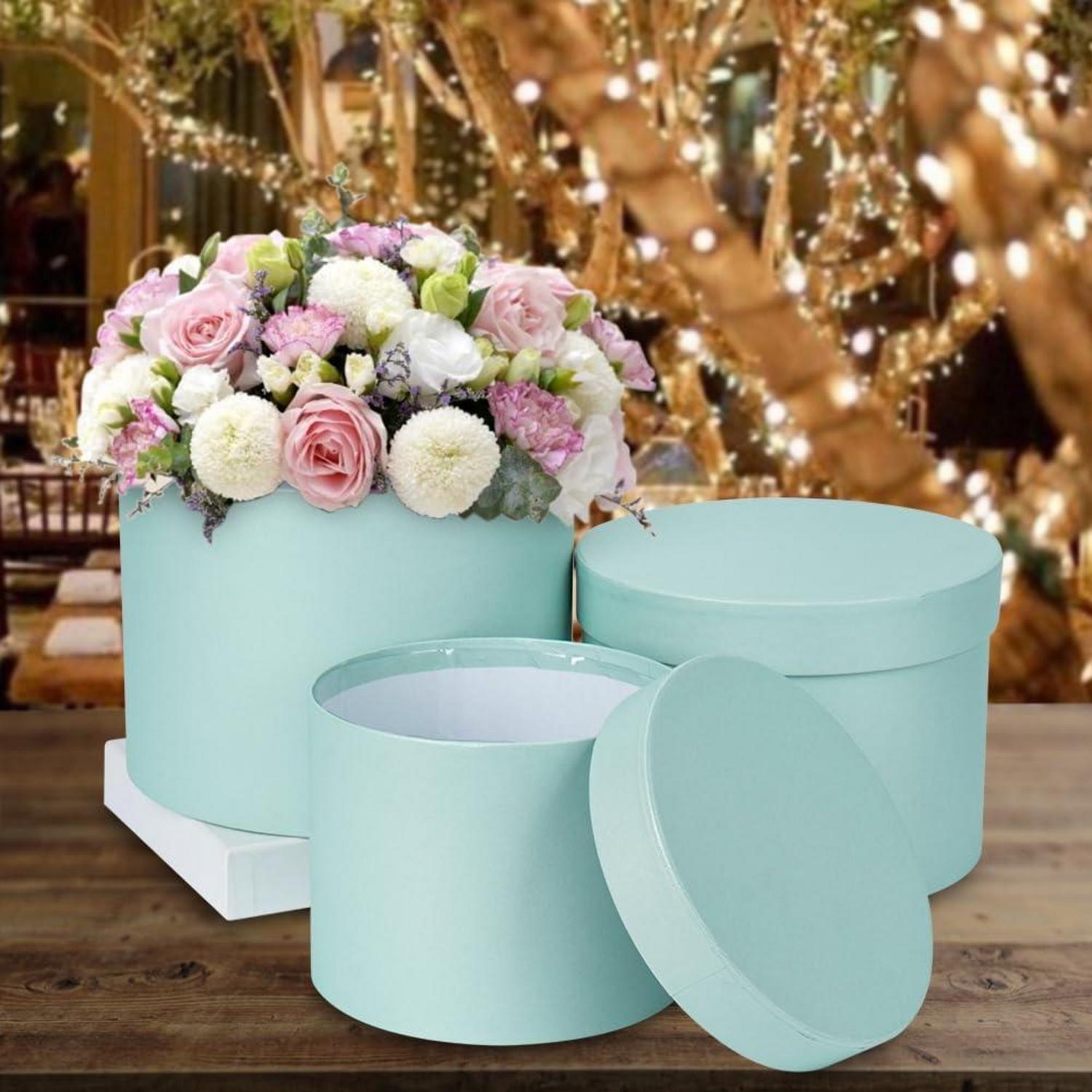 3er Set Runde Blumen-Geschenkboxen Blau Ø15/17/20cm mit Deckel