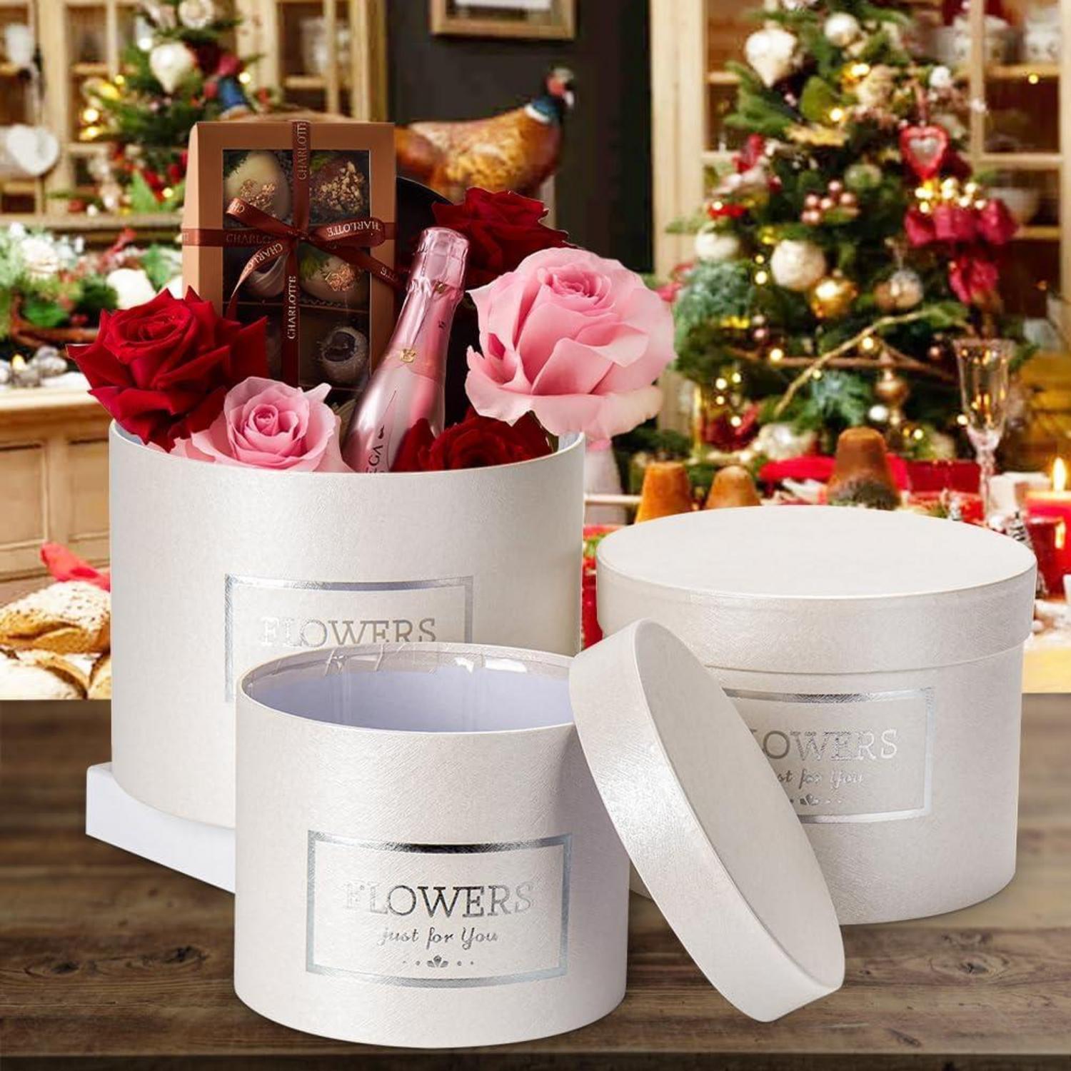 3er Set Runde Blumenboxen mit Deckel inkl. Folie, Weiß Ø15/17/20cm