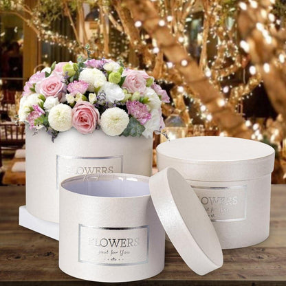 3er Set Runde Blumen Geschenkboxen mit Deckel Weiß Ø15/17/20cm