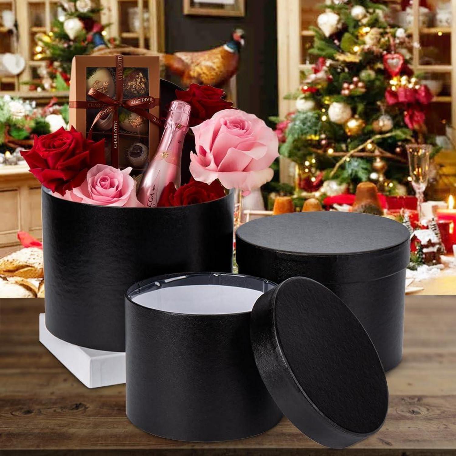 3er Set Runde Geschenkbox Blumenbox mit Deckel Schwarz Ø15/17/20cm