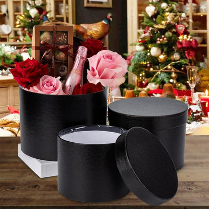 3er Set Runde Geschenkbox Blumenbox mit Deckel Schwarz Ø15/17/20cm