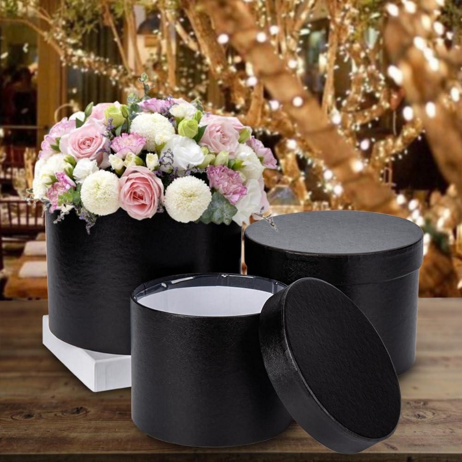 3er Set Runde Blumen-Geschenkboxen mit Deckel, Schwarz Ø15/17/20cm
