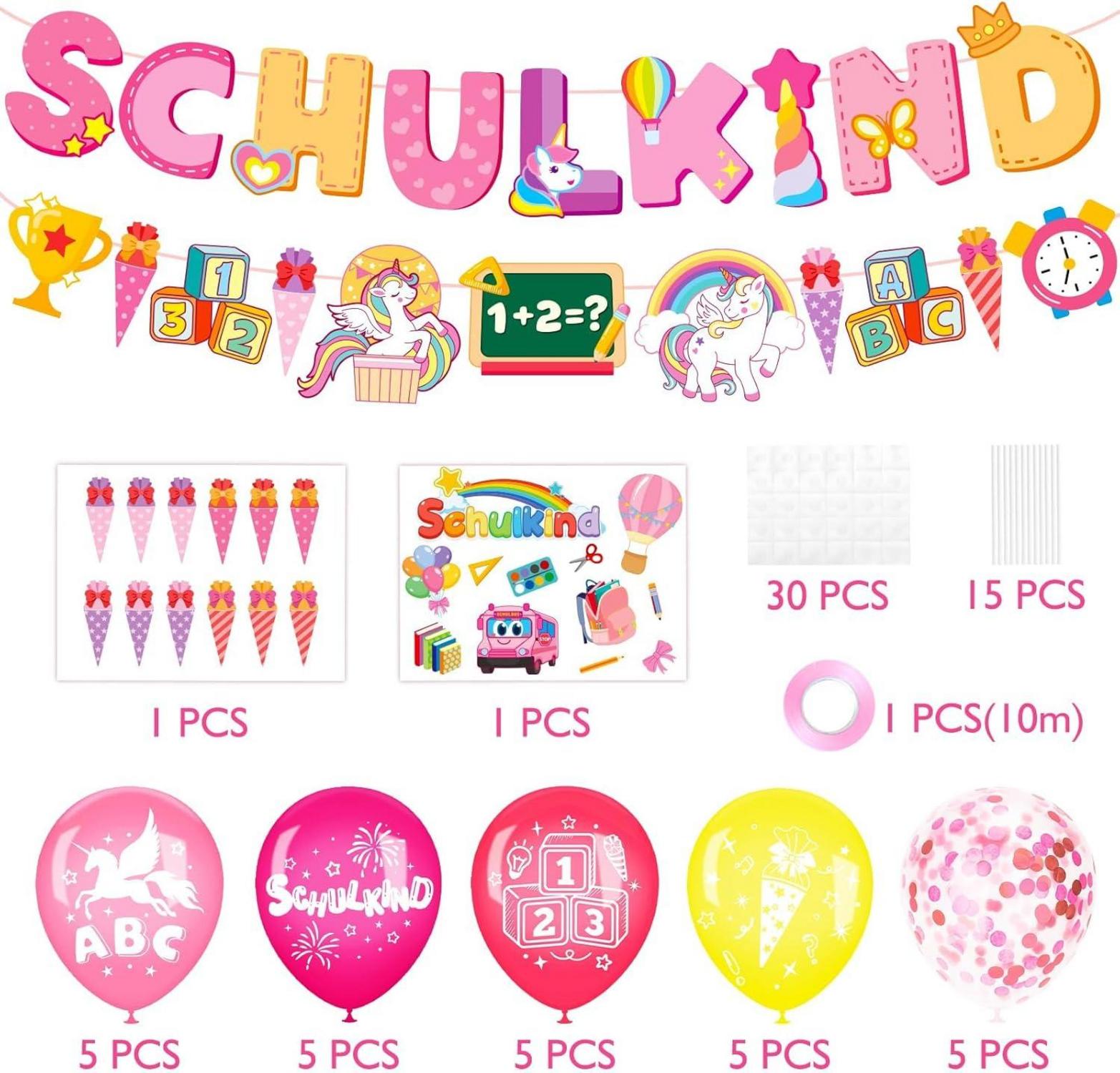 Einschulung Mädchen Deko Set Einhorn Rosa Luftballons