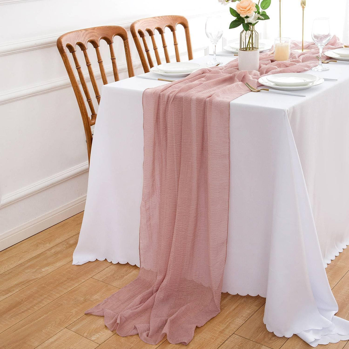 Musselin Tischläufer Altrosa Vintage 300x80cm Hochzeit Waschbar