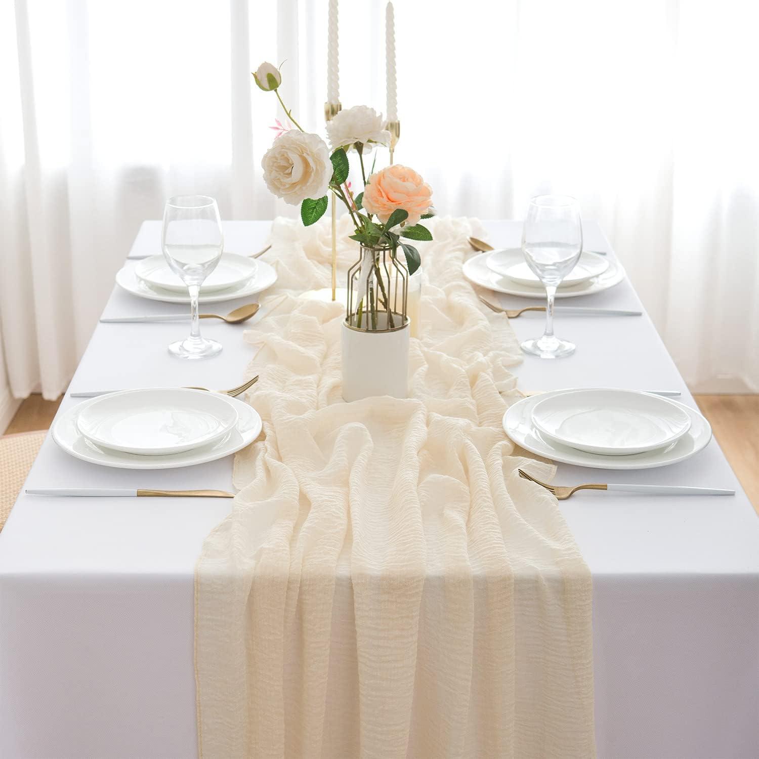 Hochwertiger Tischläufer aus weichem Musselin-Stoff Beige 300 x 80cm