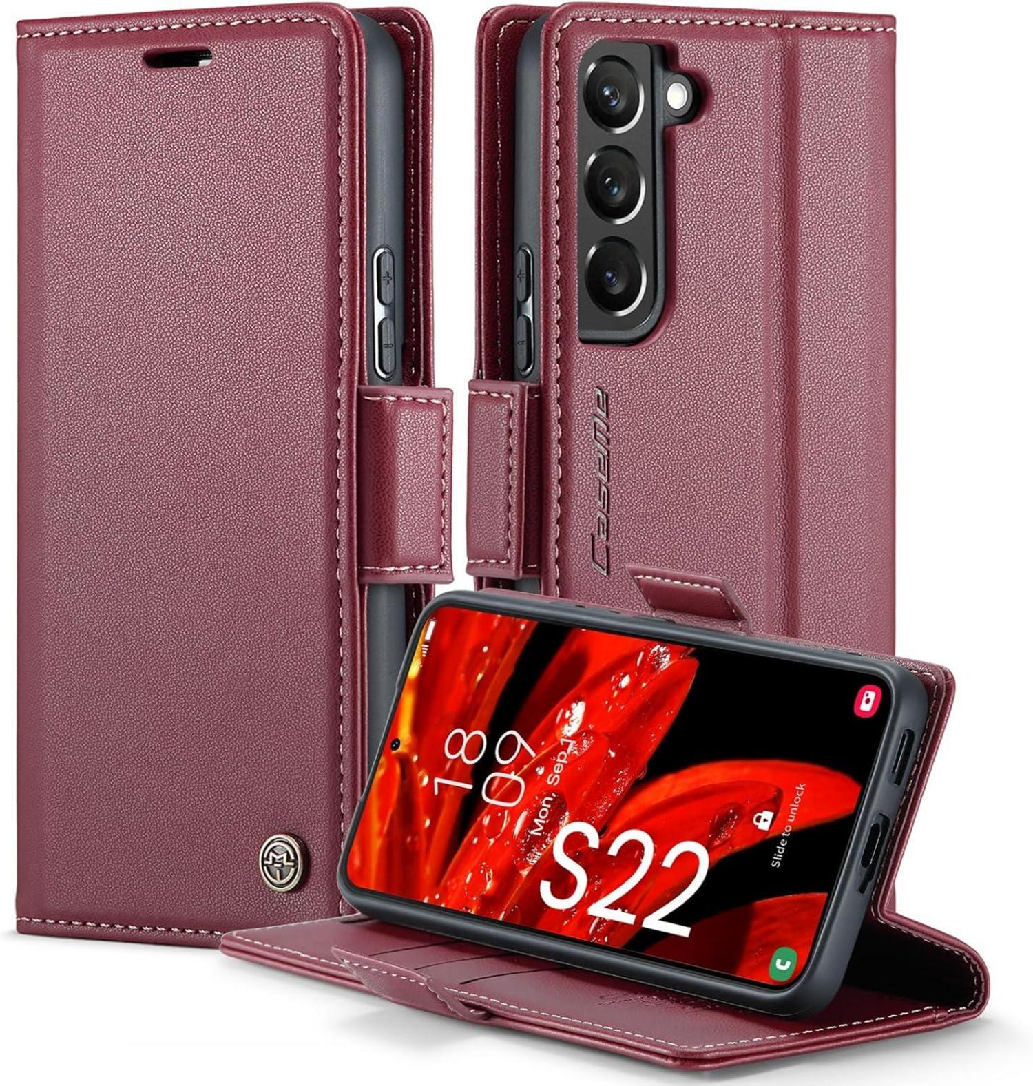 Samsung Galaxy S22 5G Handyhülle Leder RFID Standfunktion 6,1 Zoll Rot