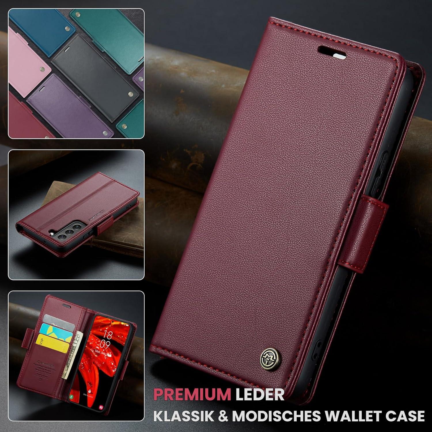 Samsung Galaxy S22 5G Handyhülle Leder RFID Standfunktion Wein Rot
