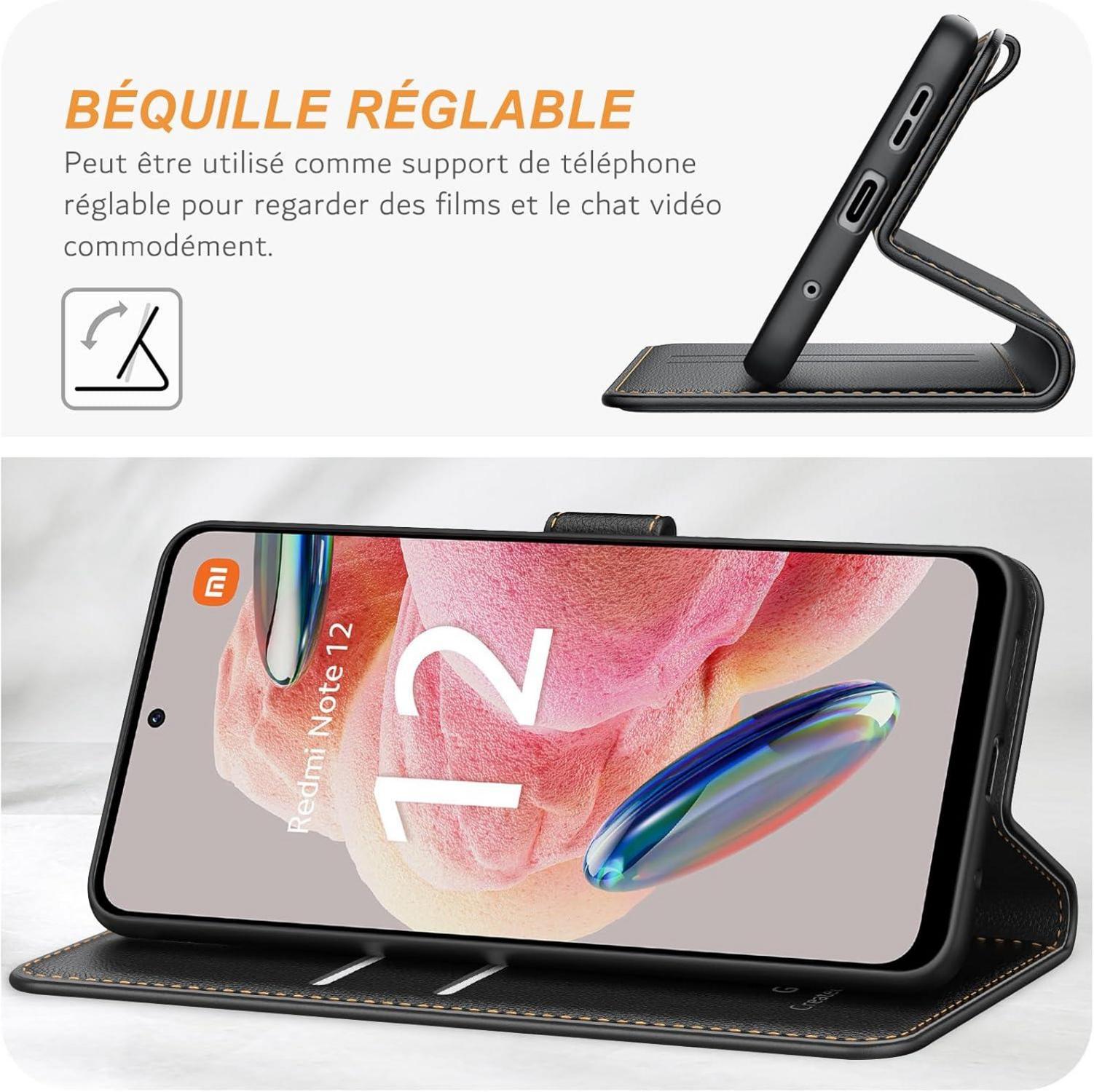 Xiaomi Redmi Note 12 4G Hülle Schwarz Leder Klapphülle Standfunktion