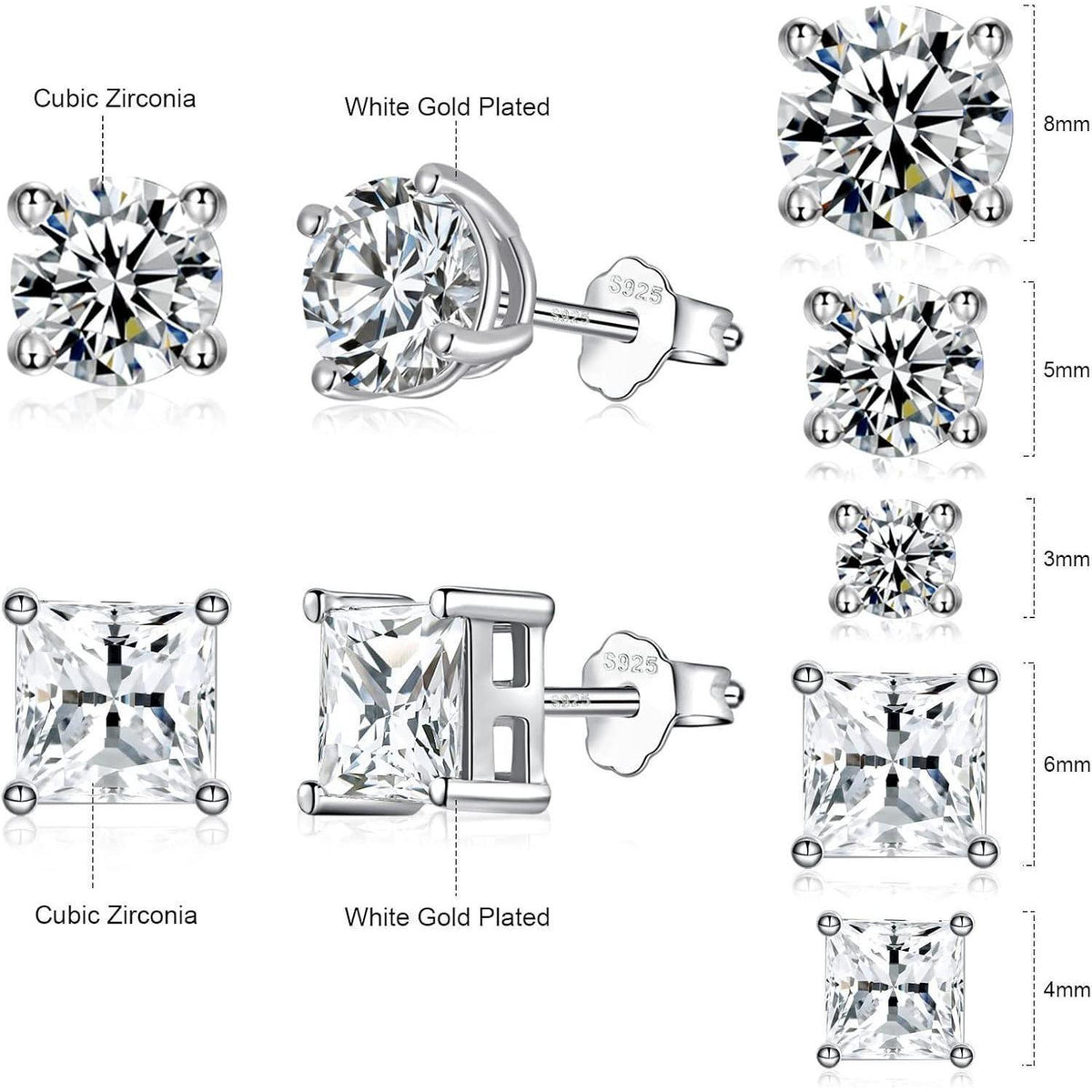 925 Sterling Silber Ohrstecker Set für Damen, 5 Paar, Zirkonia, Hypoallergen