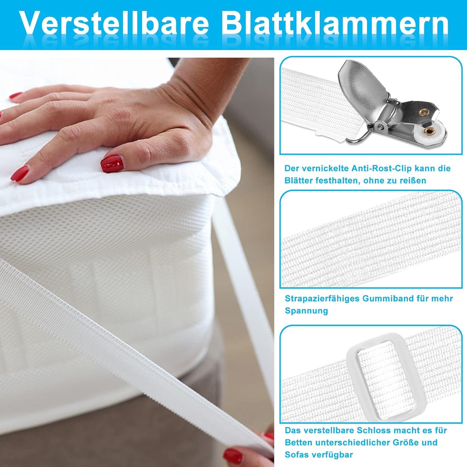 Verstellbare Bettlakenspanner 8er Set weiß mit Metallclips