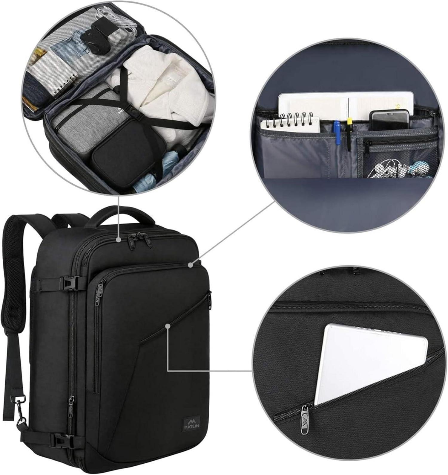 MATEIN Reiserucksack Handgepäck Flugzeug Schwarz 50x35x20cm