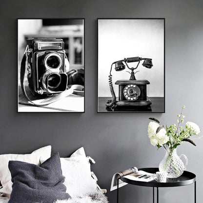 3er Schwarz Weiß Vintage Poster Set Kameras Telefone Wall Art