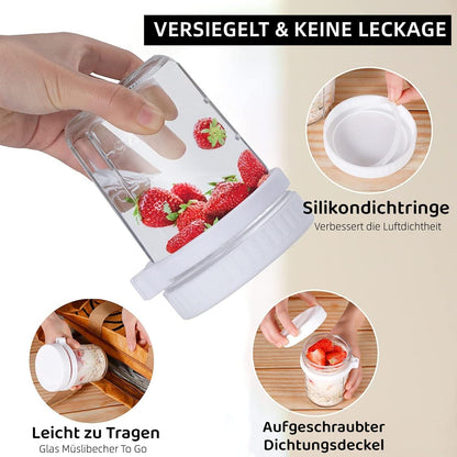 BIKALAN Glas Müslibecher 400ml to go mit Löffel Luftdicht Behälter Weiß Grau