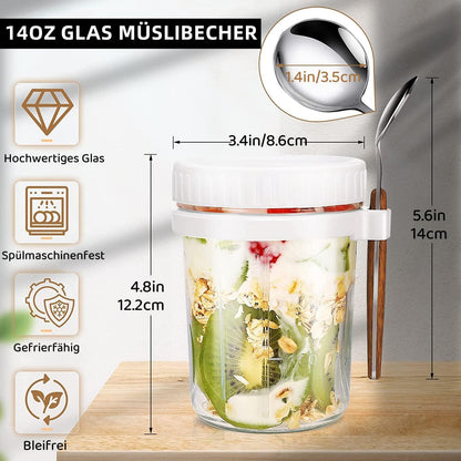 Müslibecher Glas to go mit Löffel, 400ml Joghurt Overnight Oats Behälter
