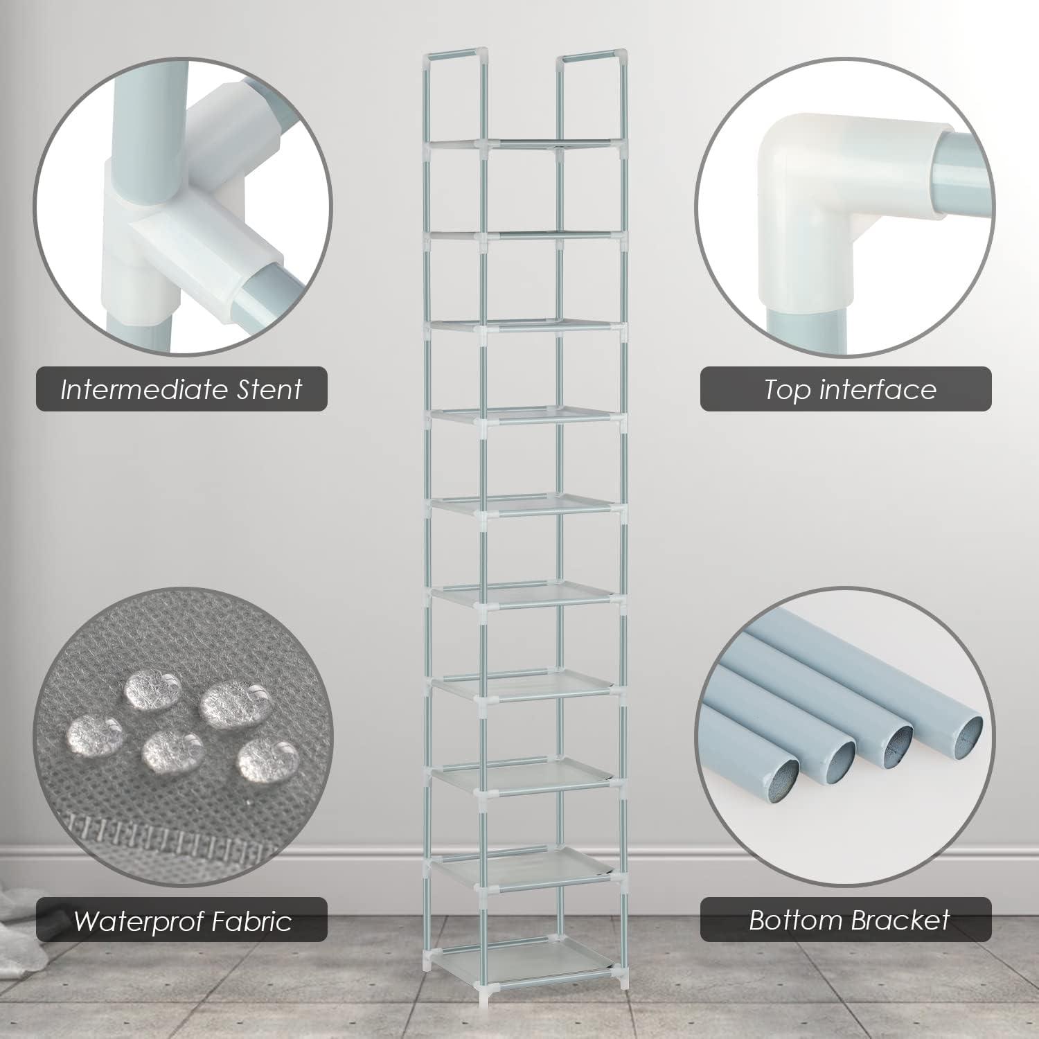 Wylnsie Vertikales Schuhregal mit 10 Ebenen, stapelbar, Platzsparend, Grau