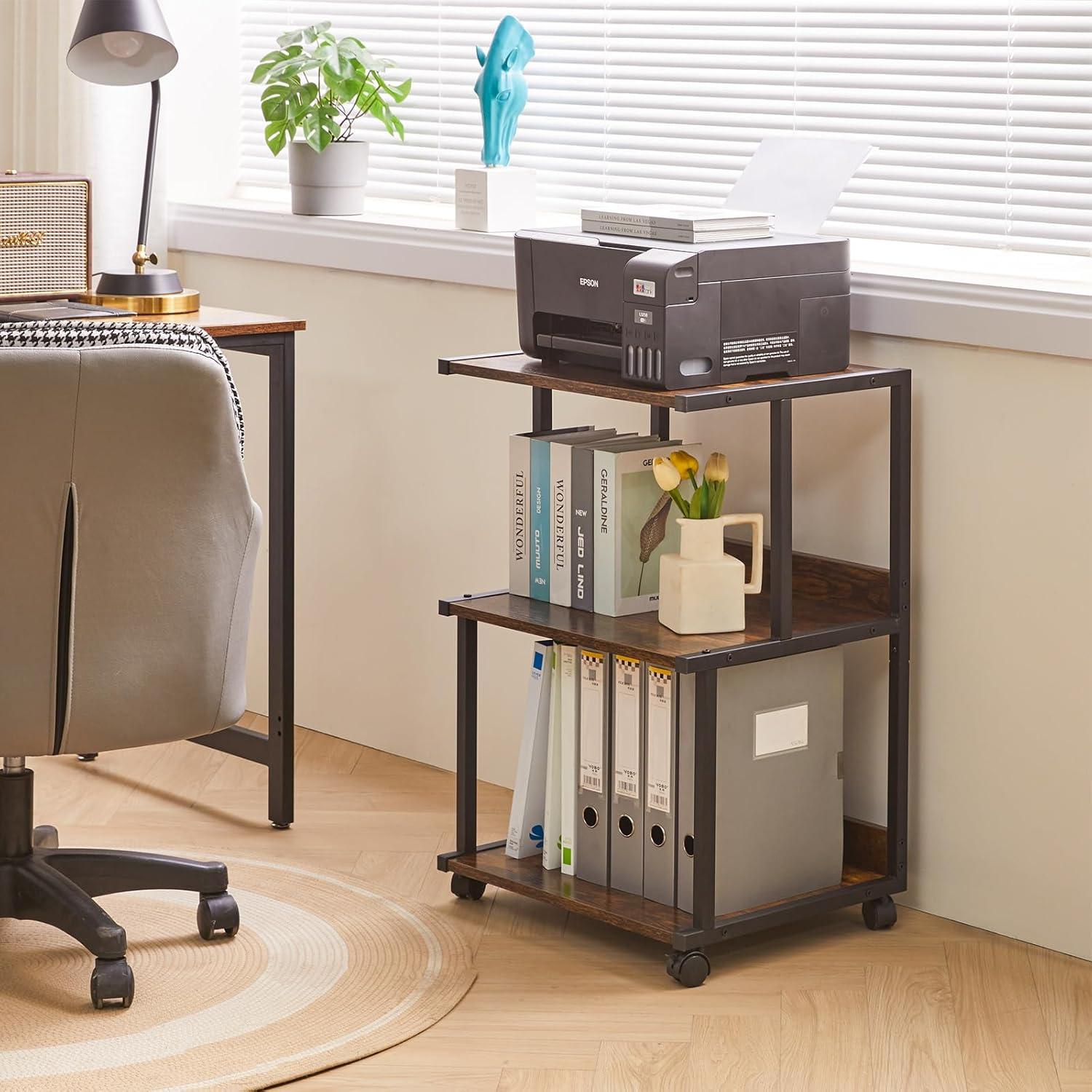 Druckerständer 3 Ebenen mit Regal und Rollen, Büro Druckertisch mit