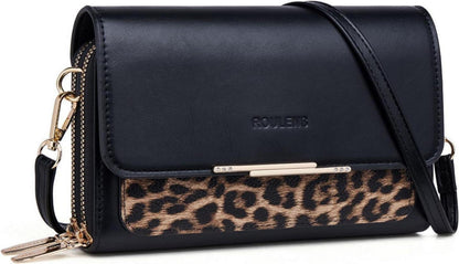 Kleine PU Leder Umhängetasche Crossbody Schwarz Leopardendruck