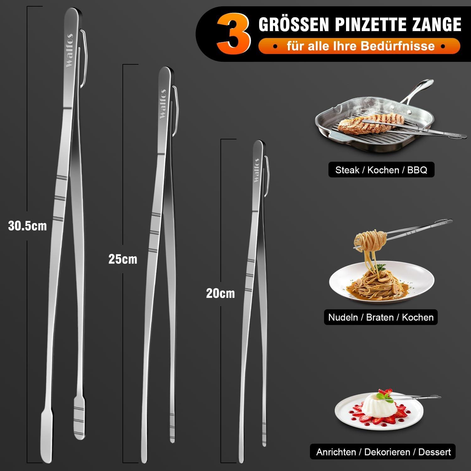 Walfos Kochpinzette Edelstahl Set - 3 Stück 20+25+30cm