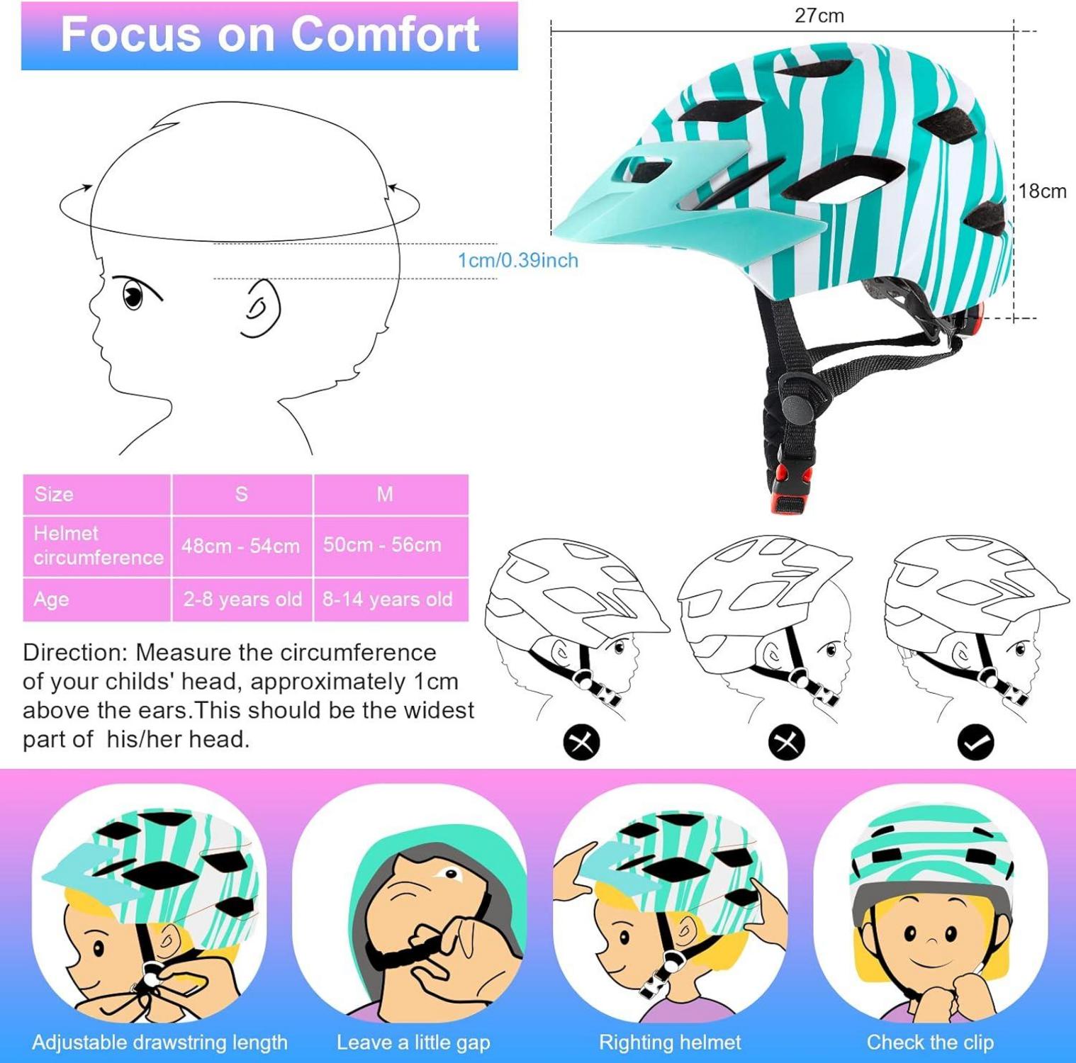 Kinder Fahrradhelm mit Licht Grün für Mädchen Jungs 48-56CM 4-14 Jahre
