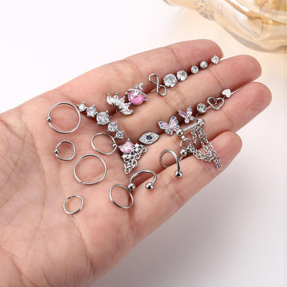 Piercing-Set Chirurgenstahl 27 Stück CZ Labret Nasen Conch Tragus