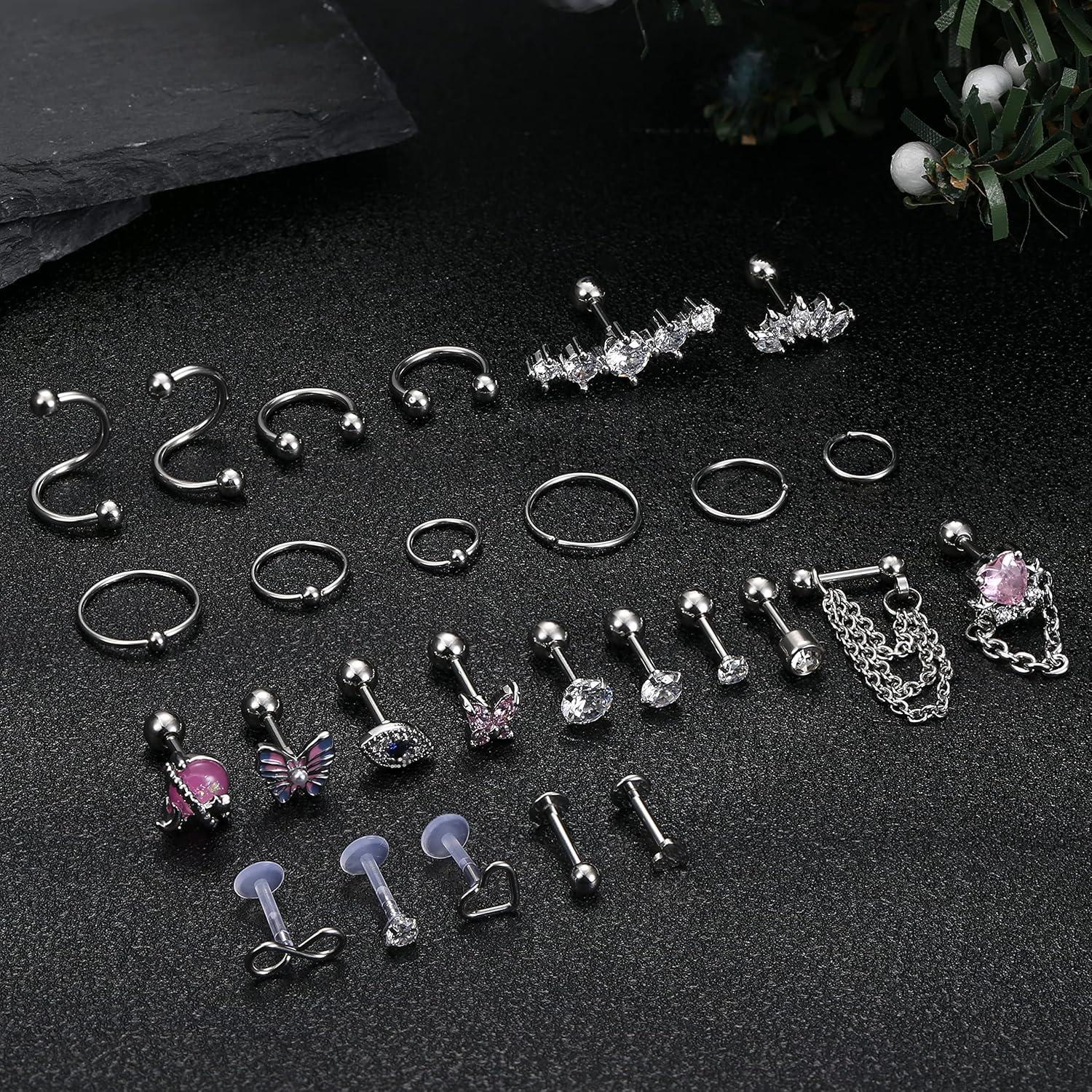 27 Stück 16G Chirurgenstahl Piercing Set Damen Mädchen CZ Labret Nasen