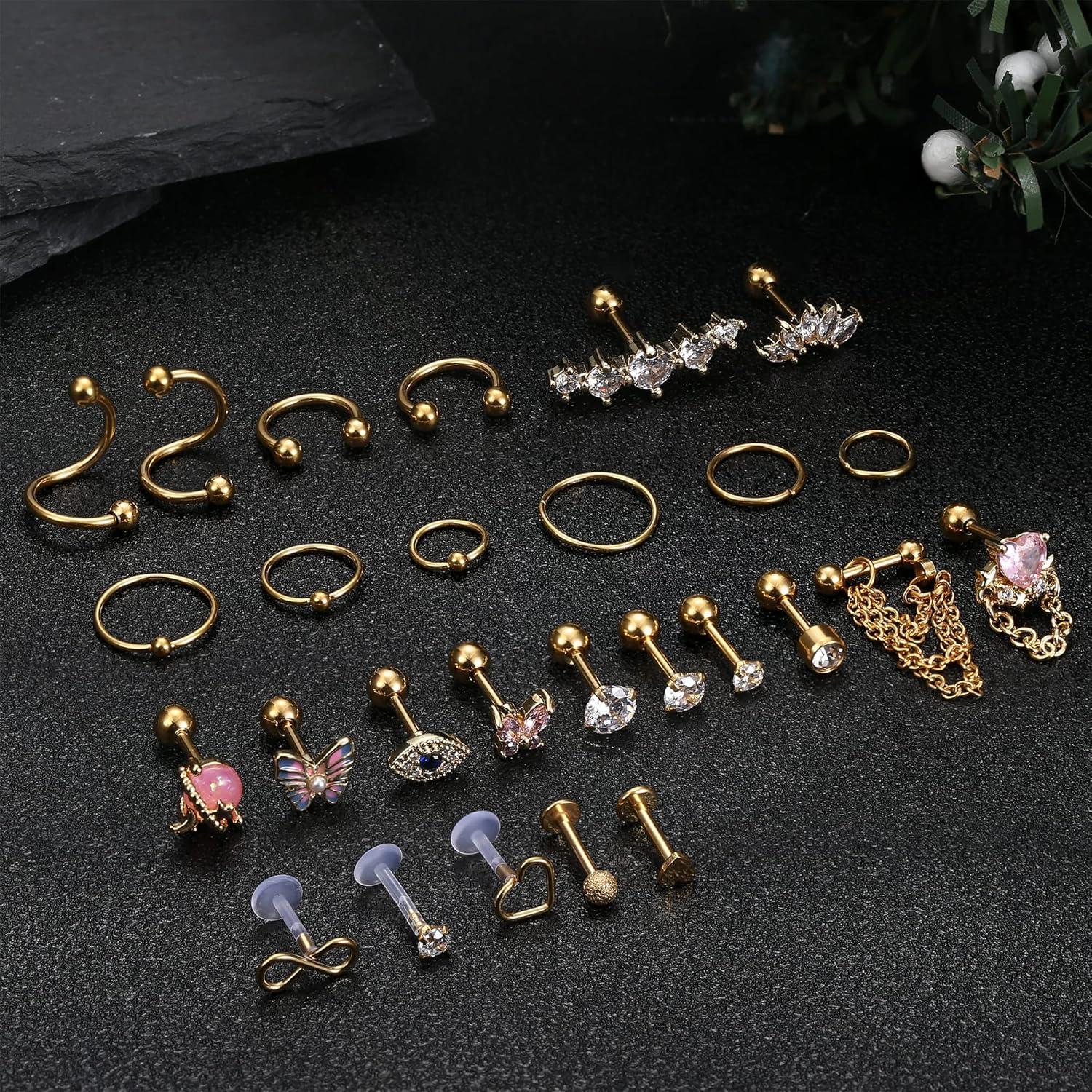 27 Stück 16G Chirurgenstahl Helix Tragus Piercing Set Zirkonia Gold