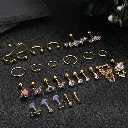 27 Stück 16G Chirurgenstahl Helix Tragus Piercing Set Zirkonia Gold