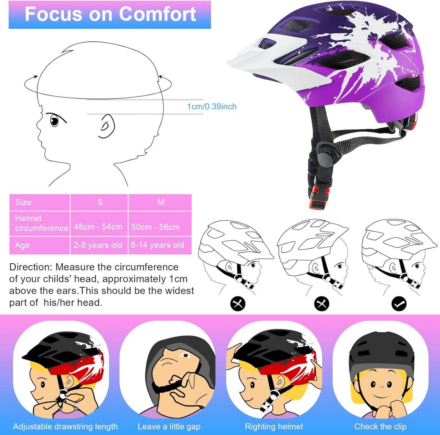 Fahrradhelm Kinder Leichter Kinderhelm mit Licht und Rücklicht 48-56CM