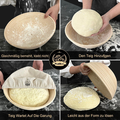 Gärkorb Brotbacken Set Rund 25cm Natürlicher Rattan 1Kg Teig inkl Zubehör