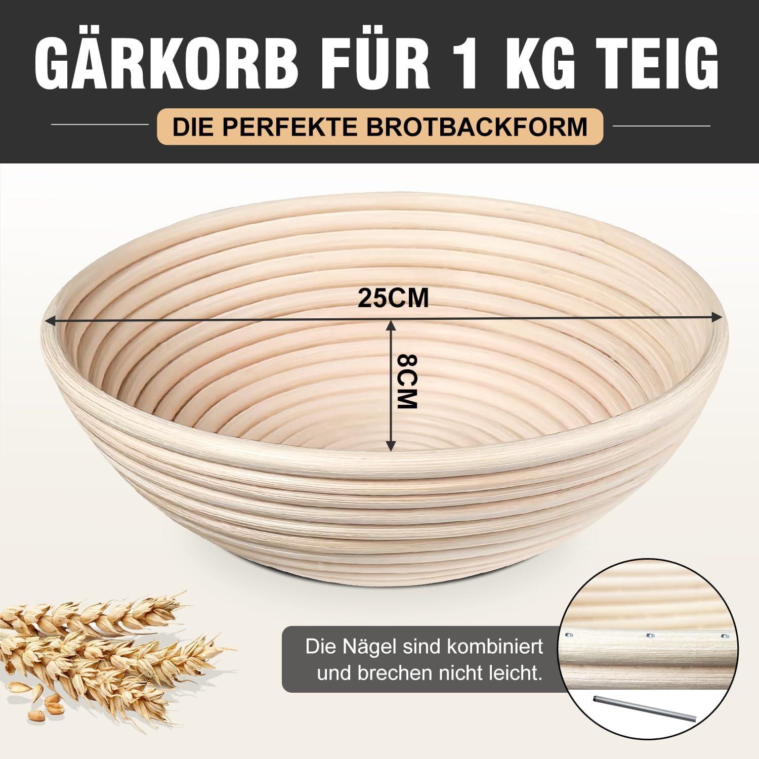 Gärkorb Brotbacken Set Rund 25cm Natürlicher Rattan 1Kg Teig inkl Zubehör