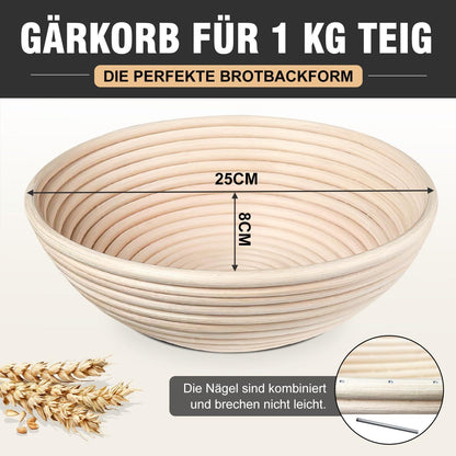 Gärkorb Brotbacken Set Rund 25cm Natürlicher Rattan 1Kg Teig inkl Zubehör