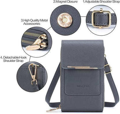 Roulens Kleine Umhängetasche Damen 3 in 1 Schultergurte Crossbody Handytasche RFID 2 Reißverschlussfächer